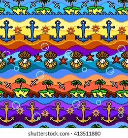 Seamless pattern in comic cartoon style. Pixel art.  Background with marine motives. Wallpaper with beach, sea, waves, islands with palm trees, anchors, steering wheels and bubbles. Happy colors.