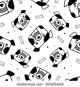 A seamless pattern with comic dog heads. Vector illustration in doodle style.
