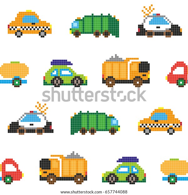 Seamless pattern with comic pixel cars on\
white background. Vector\
illustration