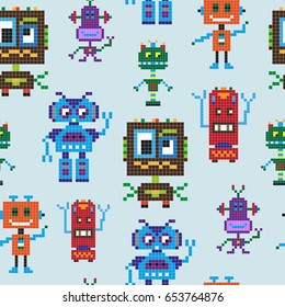 Seamless pattern with comic pixel robots on blue background. Vector illustration