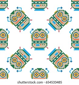 Seamless pattern with comic pixel robots on white background. Vector illustration