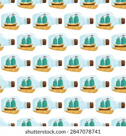 Seamless pattern with comic ships in a bottle, perfect for nautical decor, collectible-themed textiles, wallpaper and gift wrapping design.