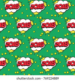 Seamless pattern of comic speech bubbles with red 2018 number and stars on green background. Pop art style. Vector illustration