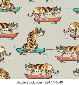 Seamless pattern of a comic tiger riding skateboard background elements.