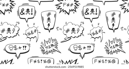 Seamless pattern of comic-style speech bubbles with symbols and icons for anger or expletives. Hand-drawn black doodles on white background. Pop art and expression concept for design and print