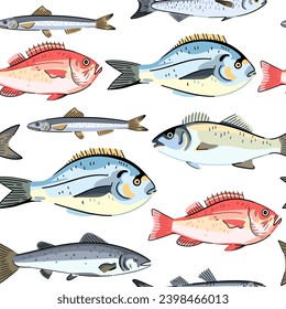 Seamless pattern with commercial seafood fishes, ocean perk, sea bass and dorado. Seafood fish. Vector illustration