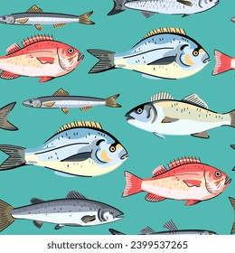 Seamless pattern with commercial seafood fishes, ocean perk, sea bass and dorado. Seafood fish. Vector illustration