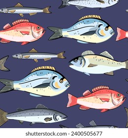 Seamless pattern with commercial seafood fishes, ocean perk, sea bass and dorado. Seafood fish. Vector illustration