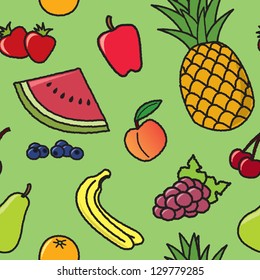 A seamless pattern of common fruit that would be found at most grocery stores.