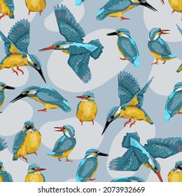 Patrón sin mar con el pescador común Alcedo en estas aves. Aves silvestres de Eurasia y América del Norte. Patrón vectorial realista y fondo