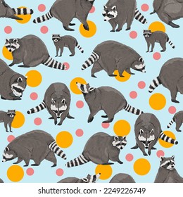 Seamless pattern with Common raccoon in different poses. Adult Procyon lotor raccoons and their cubs. Realistic animal vector