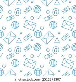 Seamless pattern of communication and business icons, including internet and online money-making concepts.