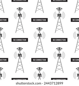 Nahtloses Muster mit Kommunikationsturm ohne Signal. Keine Internetverbindung. Drahtloses Signal nicht verfügbar. Probleme mit Netzwerk, Textur-Vorlage, Hintergrundbild. Monochromes Muster Hintergrund. Vektor