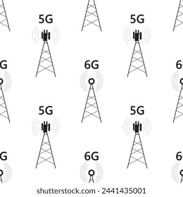 Patrón sin fisuras con torres de comunicación con señal. Conexión a Internet de alta velocidad. Señal inalámbrica 5g, 6g, para dispositivos móviles. Fondo de pantalla de textura con redes gsm, televisión, señales de radio.