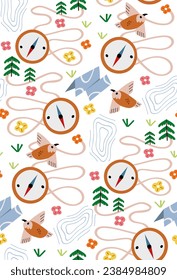 Seamless pattern with compass, map and bird. Vector tourist wallpaper.