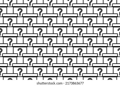 Seamless pattern completely filled with outlines of gift box with a question symbols. Elements are evenly spaced. Vector illustration on white background