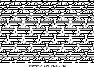 Seamless pattern completely filled with outlines of hamburger symbols. Elements are evenly spaced. Vector illustration on white background