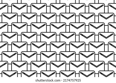 Seamless pattern completely filled with outlines of email symbols. Elements are evenly spaced. Vector illustration on white background