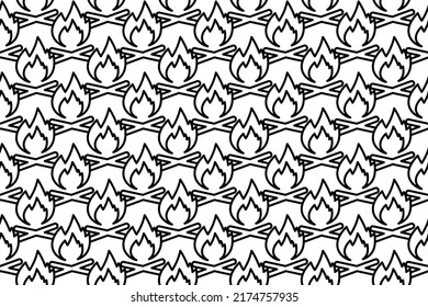 Seamless pattern completely filled with outlines of bonfire symbols. Elements are evenly spaced. Vector illustration on white background