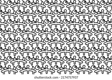 Seamless pattern completely filled with outlines of baby mobiles. Elements are evenly spaced. Vector illustration on white background