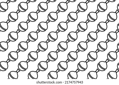 Seamless pattern completely filled with outlines of baby rattle symbols. Elements are evenly spaced. Vector illustration on white background
