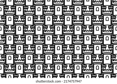 Seamless pattern completely filled with outlines of castle symbols. Elements are evenly spaced. Vector illustration on white background