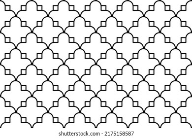 Seamless pattern completely filled with outlines of quatrefoil symbols. Elements are evenly spaced. Vector illustration on white background