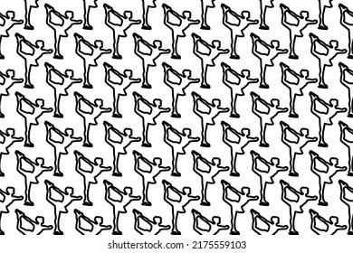Seamless pattern completely filled with outlines of female figure skating symbols. Elements are evenly spaced. Vector illustration on white background