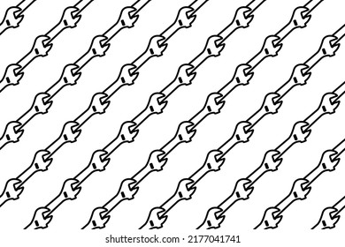Seamless pattern completely filled with outlines of adjustable wrench symbols. Elements are evenly spaced. Vector illustration on white background