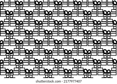 Seamless pattern completely filled with outlines of set of giftss. Elements are evenly spaced. Vector illustration on white background