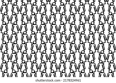 Seamless pattern completely filled with outlines of woman with woman symbols. Elements are evenly spaced. Vector illustration on white background