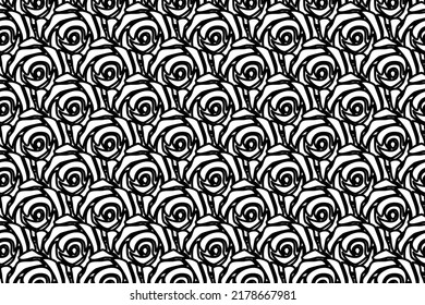 Seamless pattern completely filled with outlines of roses. Elements are evenly spaced. Vector illustration on white background