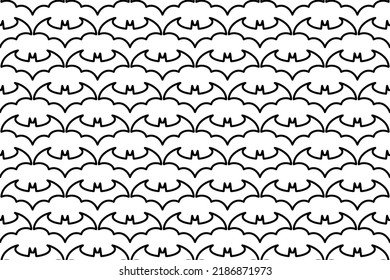 Seamless pattern completely filled with outlines of bat symbols. Elements are evenly spaced. Vector illustration on white background