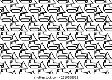 Seamless pattern completely filled with outlines of bulldozer symbols. Elements are evenly spaced. Vector illustration on white background