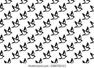 Seamless pattern completely filled with outlines of bird symbols. Elements are evenly spaced. Vector illustration on white background