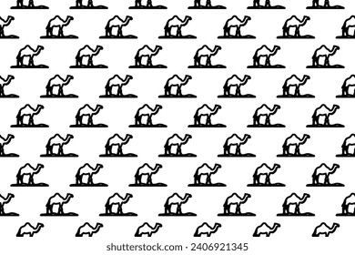 Seamless pattern completely filled with outlines of wild camel symbols. Elements are evenly spaced. Vector illustration on white background