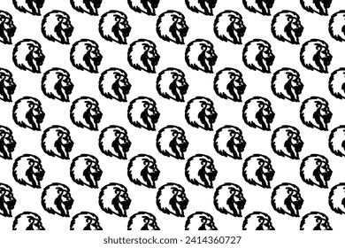 Seamless pattern completely filled with outlines of lion head icons. Elements are evenly spaced. Vector illustration on white background