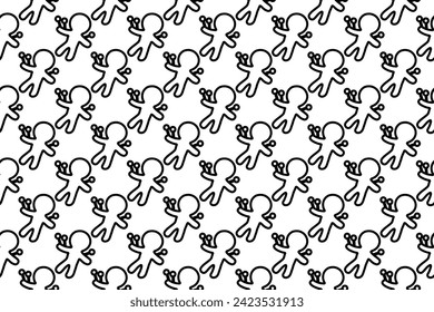 Seamless pattern completely filled with outlines of Voodoo Doll symbols. Elements are evenly spaced. Vector illustration on white background