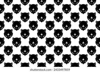 Seamless pattern completely filled with outlines of tiger head symbols. Elements are evenly spaced. Vector illustration on white background