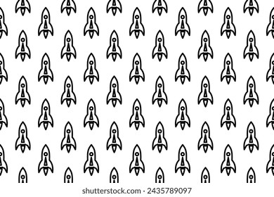 Seamless pattern completely filled with outlines of rockets. Elements are evenly spaced. Vector illustration on white background