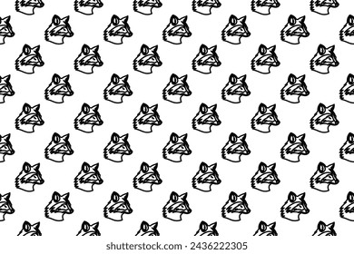 Seamless pattern completely filled with outlines of raccoon head symbols. Elements are evenly spaced. Vector illustration on white background