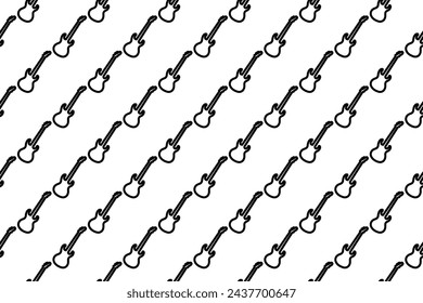 Seamless pattern completely filled with outlines of guitar symbols. Elements are evenly spaced. Vector illustration on white background