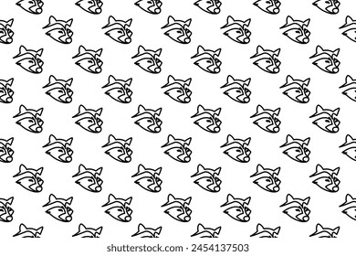 Seamless pattern completely filled with outlines of raccoon head symbols. Elements are evenly spaced. Vector illustration on white background