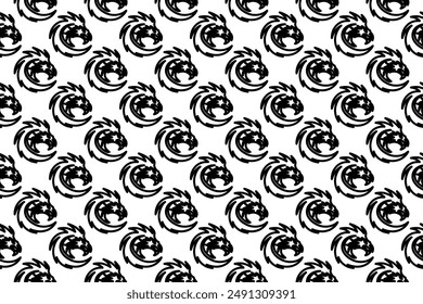 Seamless pattern completely filled with outlines of dragon's head symbols. Elements are evenly spaced. Vector illustration on white background
