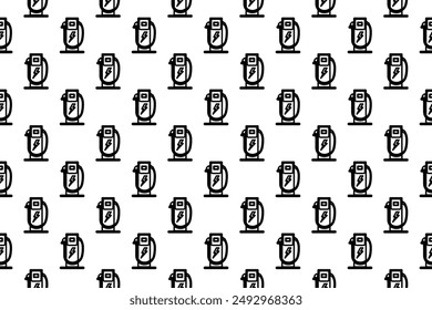 Seamless pattern completely filled with outlines of electric charging station symbols. Elements are evenly spaced. Vector illustration on white background