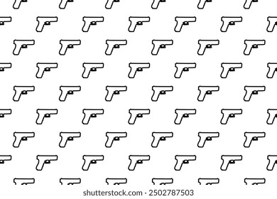 Nahtloses Muster, das vollständig mit Konturen von Schusswaffensymbolen gefüllt ist. Die Elemente sind gleichmäßig verteilt. Vektorgrafik auf weißem Hintergrund