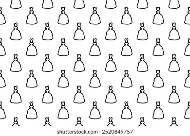 Patrón sin fisuras completamente lleno de contornos de símbolos de princesa. Los Elementos están espaciados uniformemente. Ilustración vectorial sobre fondo blanco