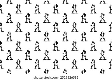 Seamless pattern completely filled with outlines of boxer girl symbols. Elements are evenly spaced. Vector illustration on white background