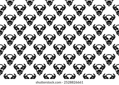 Seamless pattern completely filled with outlines of buffalo logos. Elements are evenly spaced. Vector illustration on white background