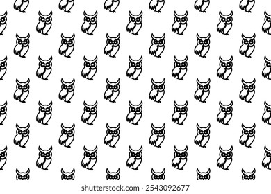 Seamless pattern completely filled with outlines of owl symbols. Elements are evenly spaced. Vector illustration on white background